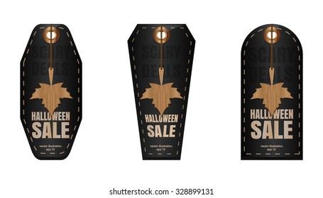 Halloween sale. Set of black labels in the form of gravestones. Scary Deals. Vector illustration.