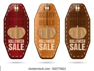 Halloween sale. Set colorful price tag for Halloween. Halloween design with golden pumpkin. Scary deals. Vector illustration