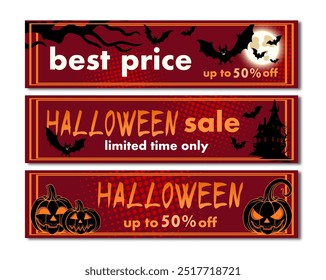 halloween sale, set of discount banners design on the background of creepy house, bats and carved pumpkins to promote purchases in autumn season. bright vector illustration on a dark red background