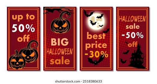 halloween sale, set of discount banners design on the background of creepy house, bats and carved pumpkins to promote purchases in autumn season. bright vector illustration on a dark red background