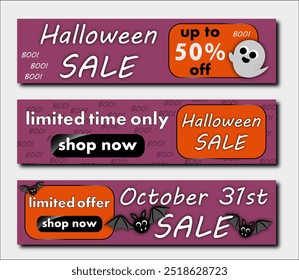 halloween sale, set of discount banners with very cute ghosts and round bats, to promote purchases in the autumn season. modern bright vector illustration en purple and pumpkin orange tones