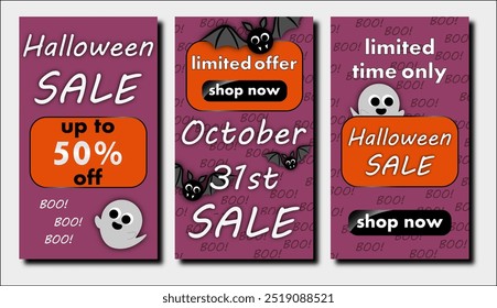 halloween sale, set of discount banners with very cute ghosts and round bats, to promote purchases in the autumn season. modern bright vector illustration en purple and pumpkin orange tones