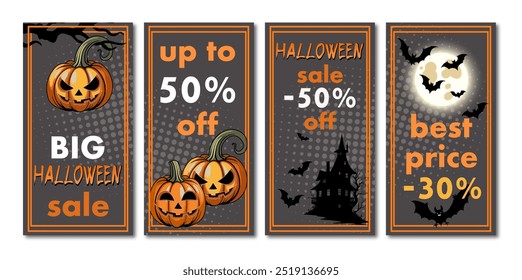 halloween sale, set of discount banners design on the background of creepy house, bats and carved pumpkins to promote purchases in autumn season. bright vector illustration on a grey background