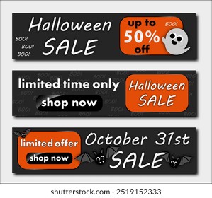 halloween Verkauf, Satz von Discount-Banner mit sehr süßen Geistern und runde Fledermäuse, um Käufe in der Herbstsaison zu fördern. moderne helle Vektorgrafik in Grau- und Kürbisorangefarben