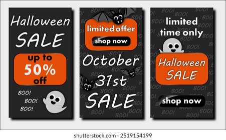 halloween Verkauf, Satz von Discount-Banner mit sehr süßen Geistern und runde Fledermäuse, um Käufe in der Herbstsaison zu fördern. moderne helle Vektorgrafik in Grau- und Kürbisorangefarben