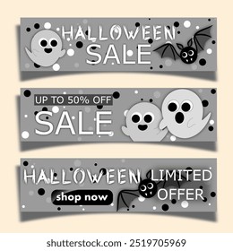 halloween Verkauf, Satz von Discount-Banner mit sehr süßen Geistern und runde Fledermäuse, um Käufe in der Herbstsaison zu fördern. moderne monochrome Vektorgrafik in Grautönen