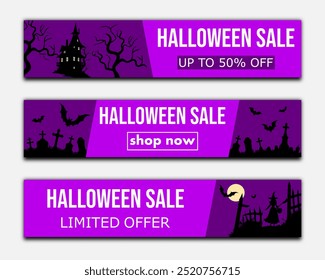 halloween sale, set of discount banners with silhouettes of creepy house, graves, bats and witch to promote purchases in the autumn season. modern bright vector illustration en purple tones