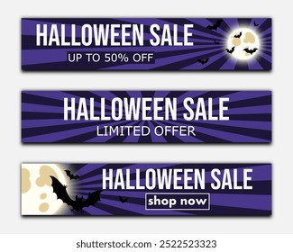 halloween sale, set of discount banners with moon and lots of bats on a dark backdrop to promote purchases in the autumn season. modern bright vector illustration en blue purple tones