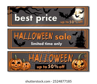 halloween sale, set of discount banners design on the background of creepy house, bats and carved pumpkins to promote purchases in autumn season. bright vector illustration on a grey background