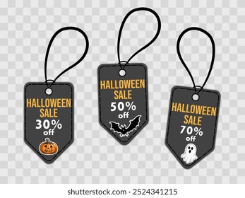 halloween sale, set of discount tegs, stickers, labels with ghost, bats, pumpkin to promote purchases in the autumn season. modern bright vector illustration 