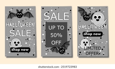 halloween sale, set of discount template banners with very cute ghosts and round bats, to promote purchases in the autumn season. modern monochrome vector illustration en grey tones