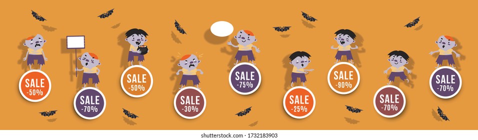 Halloween sale set of round banners with cute zombie and bats. Isolated vector clip art with amusing Halloween characters for festive discounts design