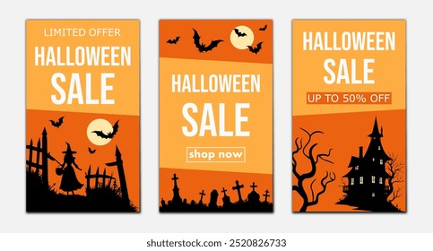 venda de halloween, definir modelos de banners de desconto, panfletos com silhuetas de casa assustador, túmulos, morcegos e bruxa para promover compras na temporada de outono.