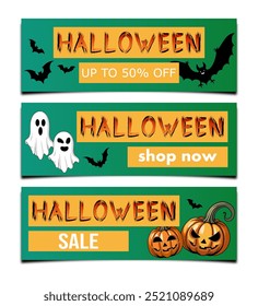 halloween sale, set templates of discount banners, flyers on the background of cute ghosts with bats and carved pumpkins, to promote purchases in the autumn season. bright vector illustration