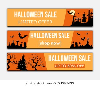 venda de halloween, definir modelos de banners de desconto, panfletos com silhuetas de casa assustador, túmulos, morcegos e bruxa para promover compras na temporada de outono.