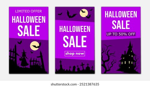 venda de halloween, definir modelos de banners de desconto, panfletos com silhuetas de casa assustador, túmulos, morcegos e bruxa para promover compras na temporada de outono.