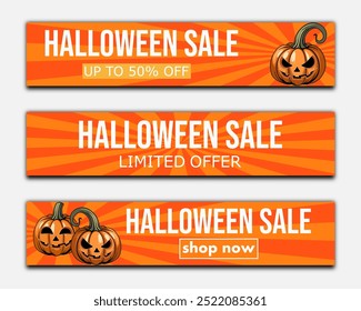 halloween sale, set templates of discount banners, flyers with carved pumpkin, jack's lantern to promote purchases in the autumn season. modern bright vector illustration en pumpkin orange tones