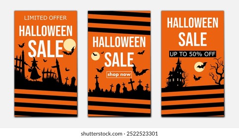 venda de halloween, definir modelos de banners de desconto, panfletos com silhuetas de casa assustador, túmulos, morcegos e bruxa para promover compras na temporada de outono.