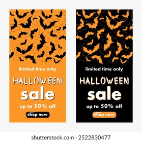 halloween sale, set templates of discount banners, flyers with silhouettes bats to promote purchases in the autumn season. modern bright vector illustration en pumpkin orange and black colors.vertical