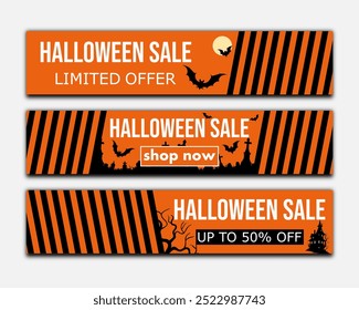 halloween sale, set templates of discount banners, flyers with silhouettes of creepy house, graves, bats and witch to promote purchases in the autumn season. modern bright vector illustration