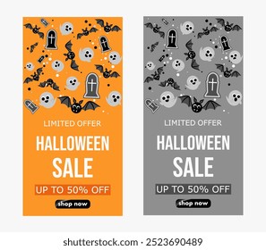 halloween Verkauf, Set Vorlagen von Rabatt-Banner, Flyer mit niedlichen Geistern, Fledermäuse, um Käufe in der Herbstsaison zu fördern. moderne helle Vektorgrafik in Kürbisorange, schwarz-grauen Farben.