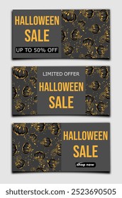 halloween Verkauf, Satz von Vorlagen Rabatt Banner-Design auf dem dunklen strukturierten Hintergrund mit Kürbissen, um Käufe in der Herbstsaison zu fördern. moderne stylische Vektorgrafik in Schwarz und Gold