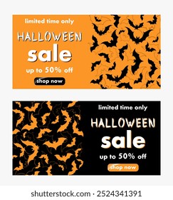 halloween Verkauf, Set Vorlagen von Discount-Banner, Flyer mit Silhouetten Fledermäuse, um Käufe in der Herbstsaison zu fördern. moderne helle Vektorgrafik in Kürbisorange und schwarzen Farben.