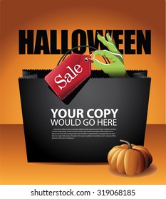 Halloween sale shopping bag background EPS 10 vector royalty free stock illustration for greeting card, ad, promotion, poster, flier, blog, article, social media, marketing