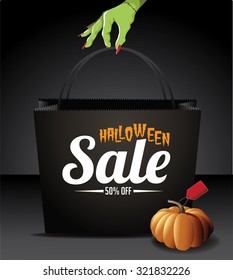 Halloween sale shopping bag background EPS 10 vector royalty free stock illustration for greeting card, ad, promotion, poster, flier, blog, article, social media, marketing