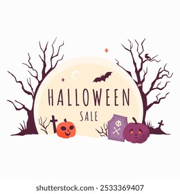 Halloween Sale Sign With Pumpkin And Gravestone In Flat Vector Illustration Symbolizing Discounts, Halloween Spirit, And Promotions, Isolated On White Background