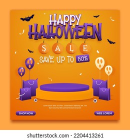 Halloween sale social media ads banner template with podium and halloween elements