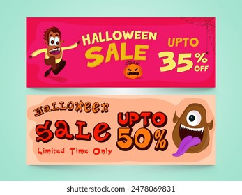 Halloween Sale Social Media Banner or Header Set with Scary Monsters, Jack-o-lantern in Two Color Options.