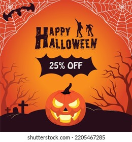 Halloween Sale Social Media Post Trick or Treat Spooky Discount Square Banner Template ad Vector illustration Scary Spooky Creepy Pumpkin Mega Sale Scary Zombie Pumpkins Big Monster Discount Post