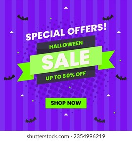 halloween sale social media post template blue and green color with bat vector silhouette