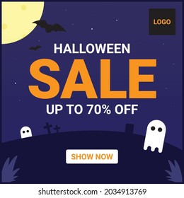 Halloween sale social media tile with night clouds and bats in illustrative, flat, cute, illustration style. Vector illustration. Full moon in the sky, ghosts, graveyard, tombstone and flying bats.