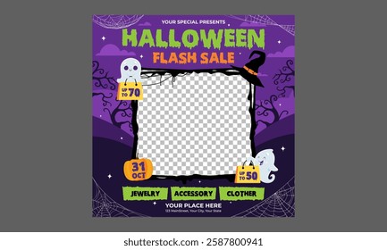 Halloween Sale Socials Media. Halloween sale web banners, paper cut style. Colorful vertical posters with cute ghosts, pumpkin, clouds, spiders and bats. Vector design template for promo, web.