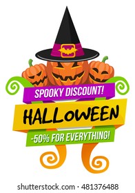 Halloween sale or special discount offer colorful logo emblem with pumpkins and witches hat isolated