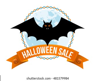 Halloween sale or special discount offer colorful logo emblem with bat, full moon and pumpkins isolated
