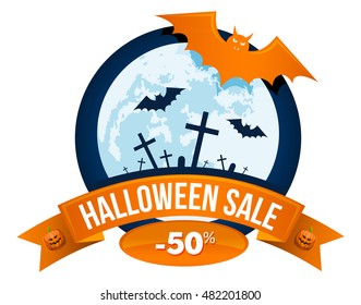 Halloween sale or special discount offer colorful logo emblem with bats, full moon, graveyard with graves and crosses and pumpkins isolated