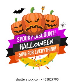Halloween sale or special discount offer colorful logo emblem with pumpkins, spider, bat and candies isolated
