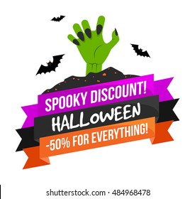 Halloween sale or special discount offer colorful logo emblem with zombie hand and bats isolated