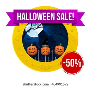Halloween sale or special discount offer colorful logo emblem with fool moon above a gothic castle and a fence with halloween pumpkins isolated