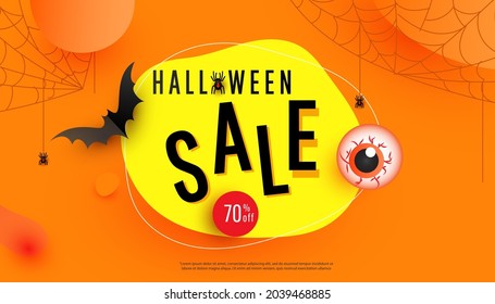 Halloween Sale special offer banner template with hand drawn lettering with dangerous eye, spider web and bat decor on orange background. Vector illustration.