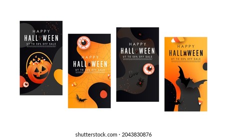 Halloween Sale special offer social media vertical stories design templates set. Vector illustration.