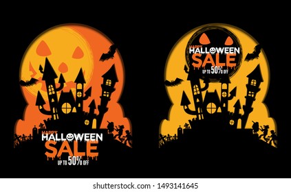 Halloween Sale special offer template with paper cut style holiday shopping.  Vector illustration.