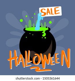 Halloween Sale special offer vector banner with hand drawn lettering for holiday shopping. Cauldron with green potion and zombie hand