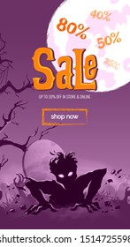 Halloween sale spooky background with zombie getting out from tomb. Vector illustration