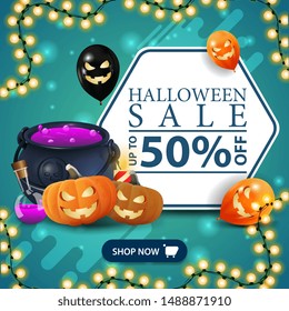 Halloween sale, square blue discount banner with garland, halloween ballons, witch's cauldron and pumpkin Jack.