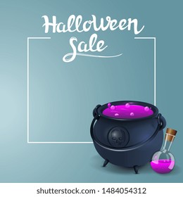 Halloween sale, square discount banners with place for your text, witch's pot with potion