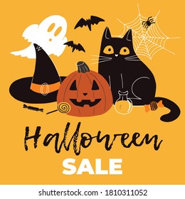 Halloween sale square template with cute cartoon pumpkin, cat, witch hat, ghost, bats, candy, potion. Vector flat cartoon illustration